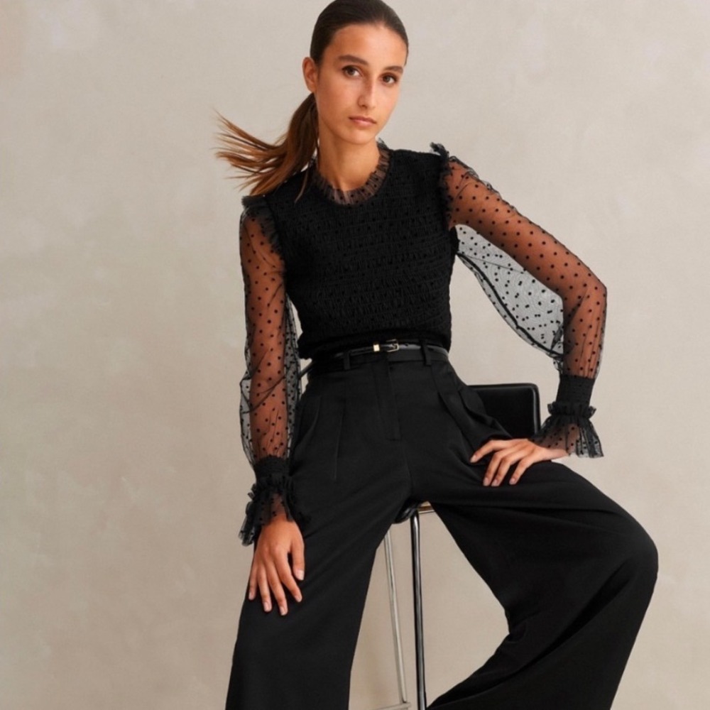 NWOT ME+EM Black Polka Dot Tulle Long Sleeve Smocked Top Size 8